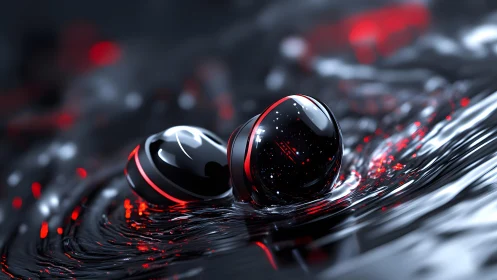 Futuristic Black and Red Spheres on Liquid Surface, Digital Art.