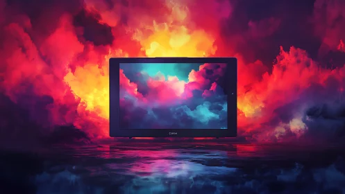 Digital tablet window opens onto vivid neon storm clouds