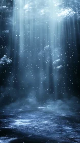 Celestial light shafts pierce starry mist above water