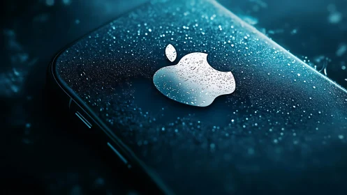 Glowing smartphone logo shimmers beneath scattered water droplets.