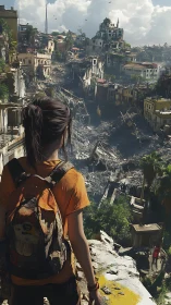 Young wanderer overlooking a crumbled city&rsquo;s quiet rebirth.