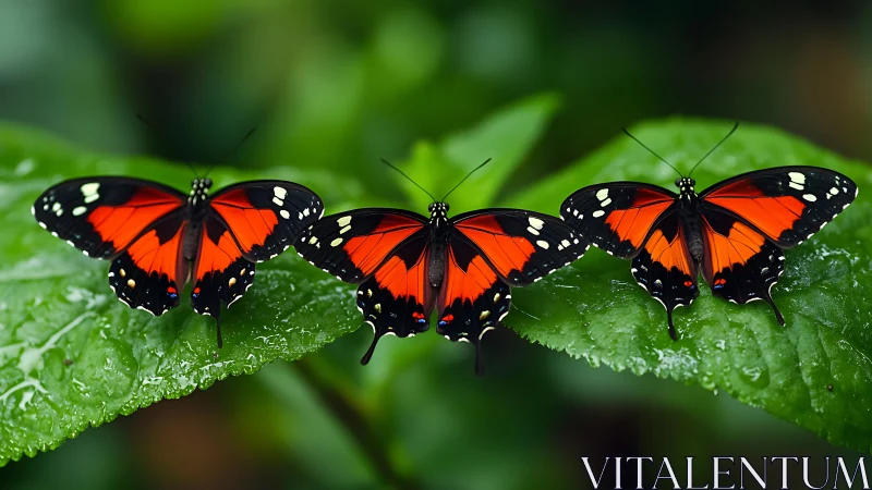 Four red Heliconius butterflies aligned on dew-covered leaves