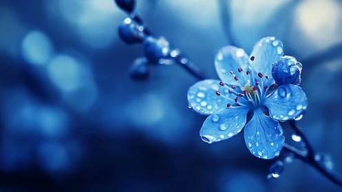 Blue flower covered in water droplets with soft bokeh background.