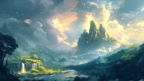 Sunlit fantasy citadel rises above misty valley rivers
