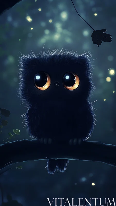 Small stylized owl sits on a branch in low light woodland