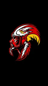 Tribal warrior profile graphic shows bold red feathered helmet