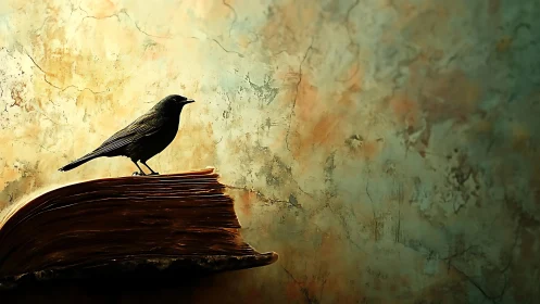 Blackbird silhouette rests on worn book under warm light.