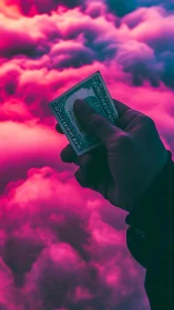 Hand holding dollar bill against neon magenta cloudscape.