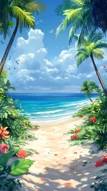 Tropical beach landscape rendered with digital painting techniques showing palm trees and ocean vist