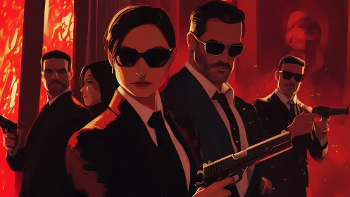 Armed agents in suits stand ready against red backdrop.