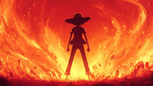 Silhouetted Figure with Wide-Brimmed Hat Standing in Intense Inferno Background