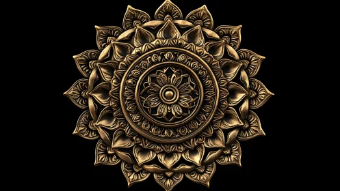 Ornate golden mandala with floral motifs on black background.