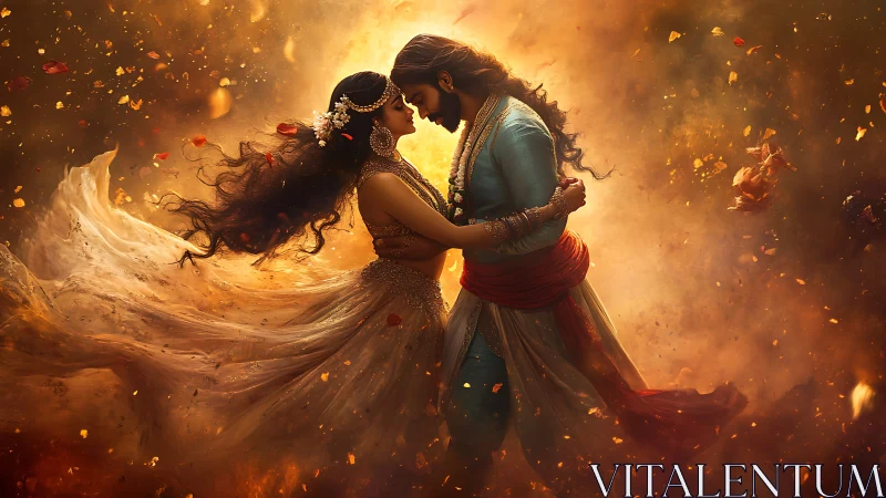 Couple Embracing in Fiery Golden Light with Flowing Fabric