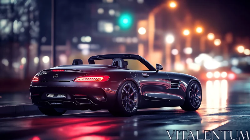 Luxury roadster under neon city lights at night street scene.