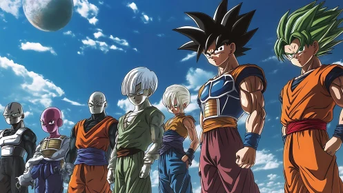 Seven anime warriors stand united under bright blue sky.