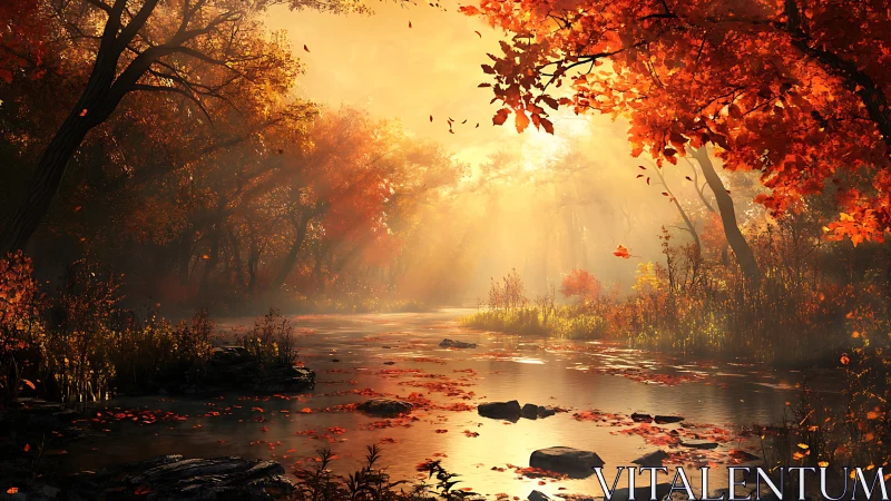 Autumn forest river under warm golden sunlight glow.