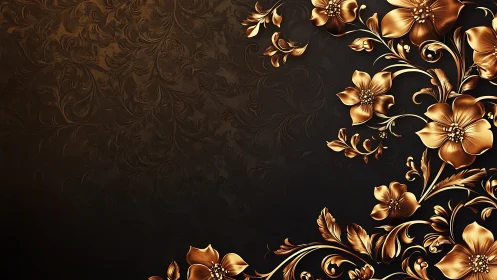 Ornate metallic floral arabesque forms curve across dark relief
