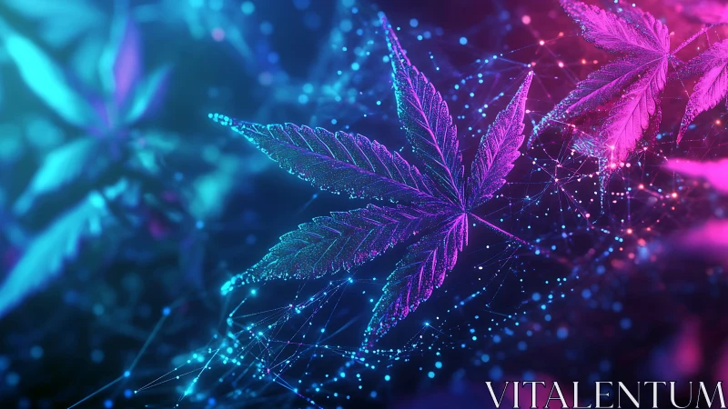 Neon cannabis leaves with digital particle network overlay.