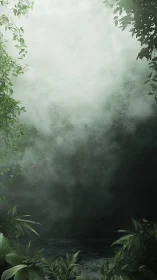Misty jungle foliage framing atmospheric green void.