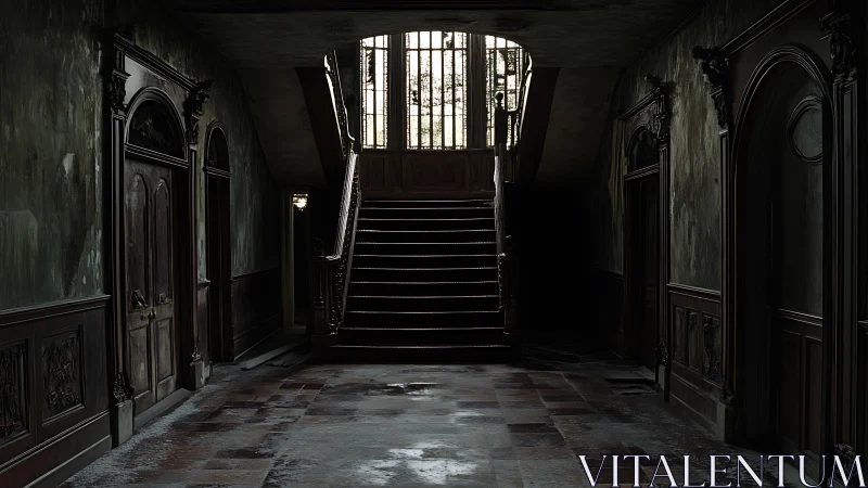 Dark decaying mansion hallway with central stairway.