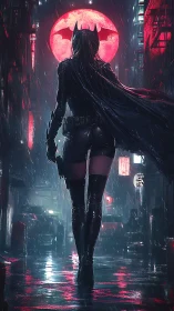 Night-streaked vigilante strides beneath the crimson bat moon