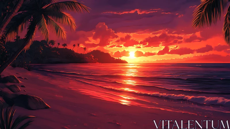 Radiant tropical sunset ignites a tranquil palm-lined shore