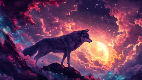 Lone wolf stands over glowing moonlit fantasy sky scene.