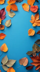 Autumn leaves frame circling vivid blue background border.