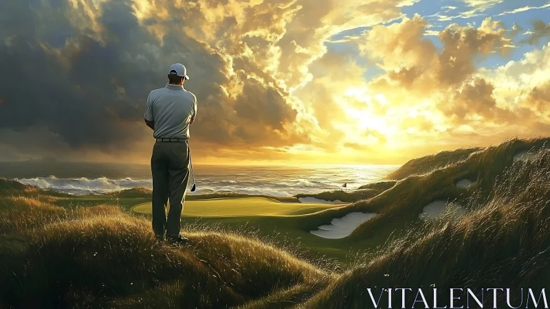 Golfer observing coastal links green under low sunset sky.