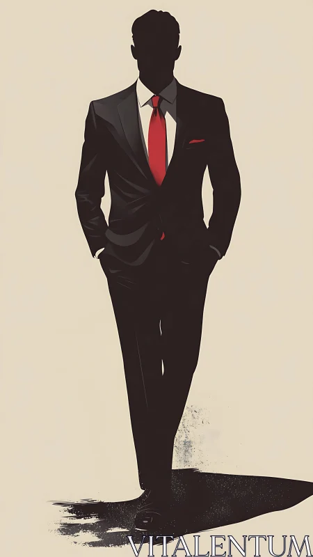 Silhouetted businessman in sharp suit with bold red tie.