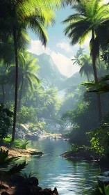Tropical river flows through dense palm forest toward mountains.