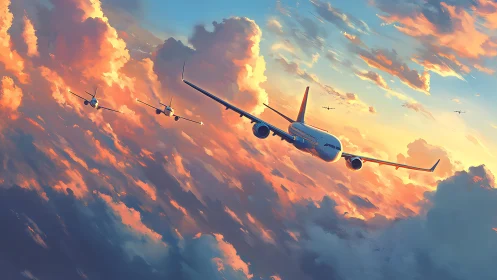 Commercial jets in angled formation across dense sunset clouds.