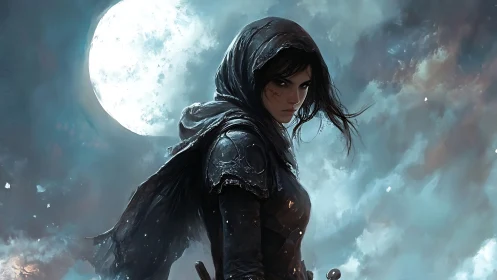 Hooded female warrior in dark armor before full moon sky.