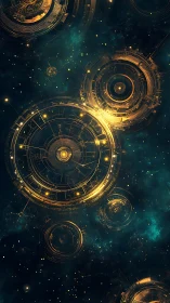 Golden star clocks gently turn across a tranquil cosmos