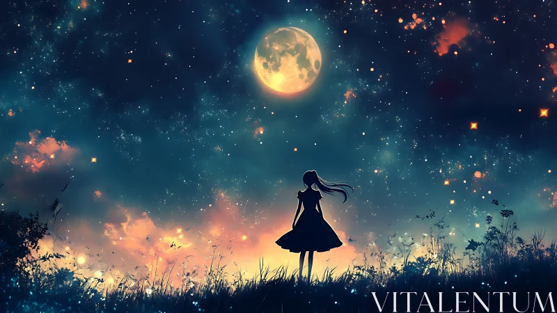 Silhouetted girl studies glowing moon over star-filled field