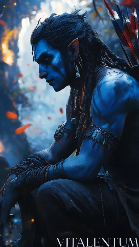 Blue bioluminescent warrior in contemplative jungle profile
