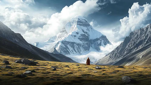 Quiet pilgrims beneath a towering snowlit sacred peak.