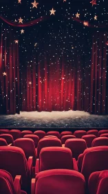 Red theater interior with curtain, seats and star decor.