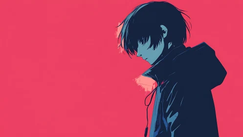 Melancholic side-profile anime figure on neon pink field