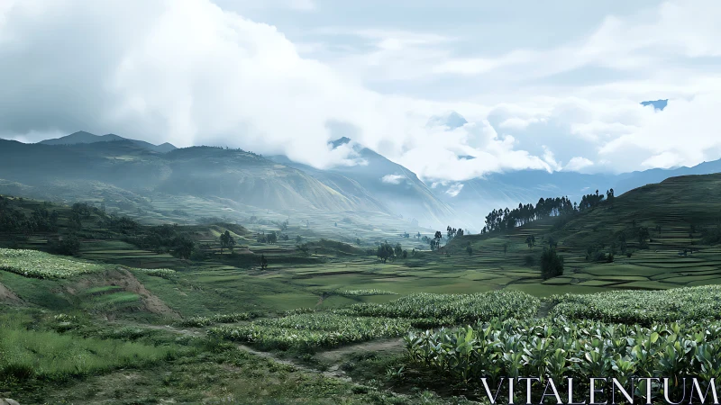 Layered agricultural valley under low cloud ceiling and diffused light