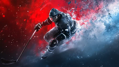 Ice hockey player skating through red and blue spray.