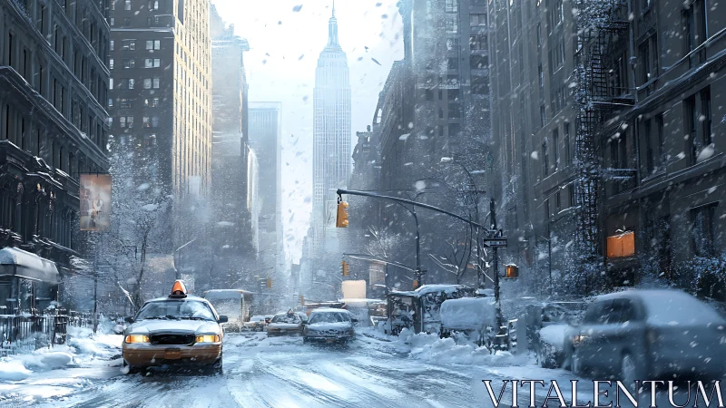 Photorealistic winter city street scene with cinematic depth.