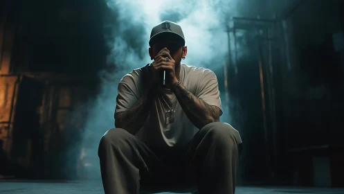 Moody hip hop vocalist crouching in smoky warehouse stage.