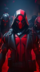 Parametric red-armored vigilante squad in volumetric haze.