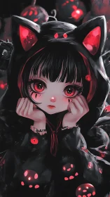Gothic chibi girl in glowing cat hooded cloak at night.