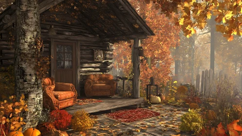 Cozy autumn cabin porch wrapped in golden forest warmth.