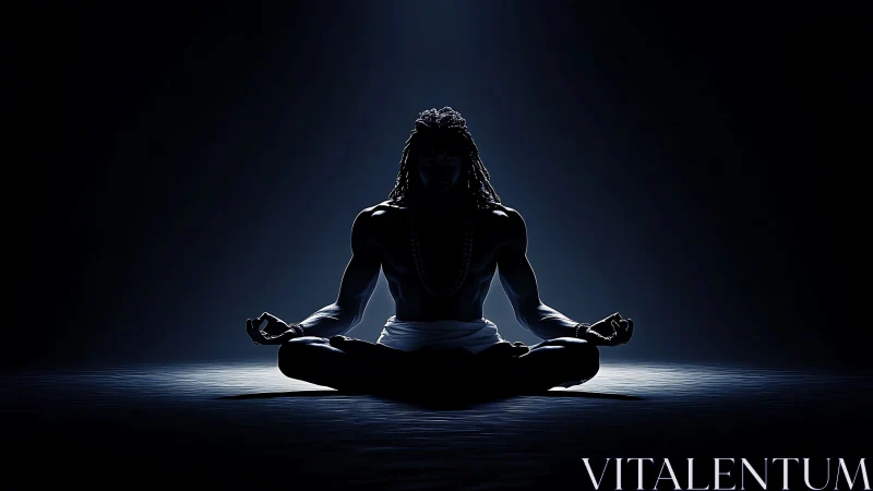 Silhouetted male figure in seated meditation under spotlight.