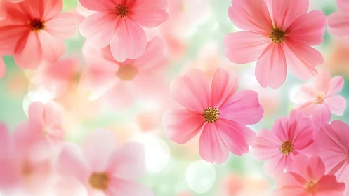 Pink Cosmos Flowers in Soft Focus Garden Setting.