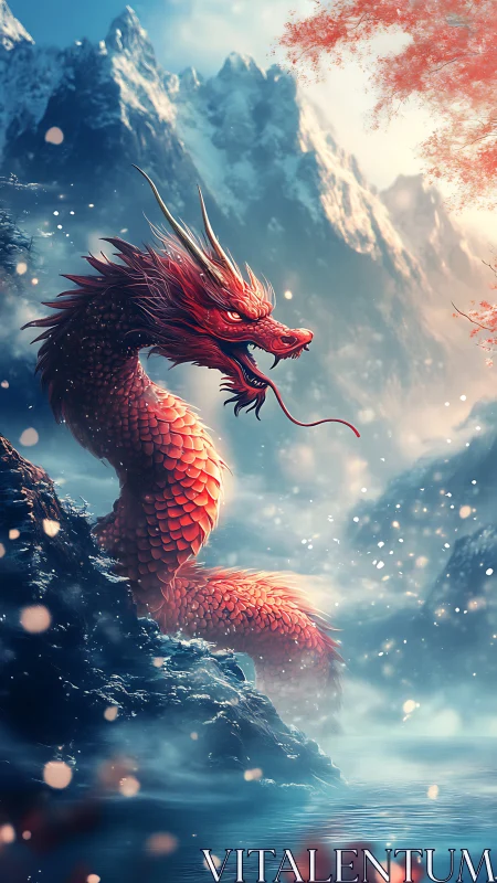 Crimson dragon coiled in misty glacial mountain pass.