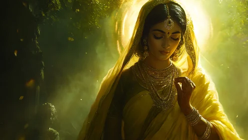 Golden goddess in forest light, wrapped in luminous serenity.